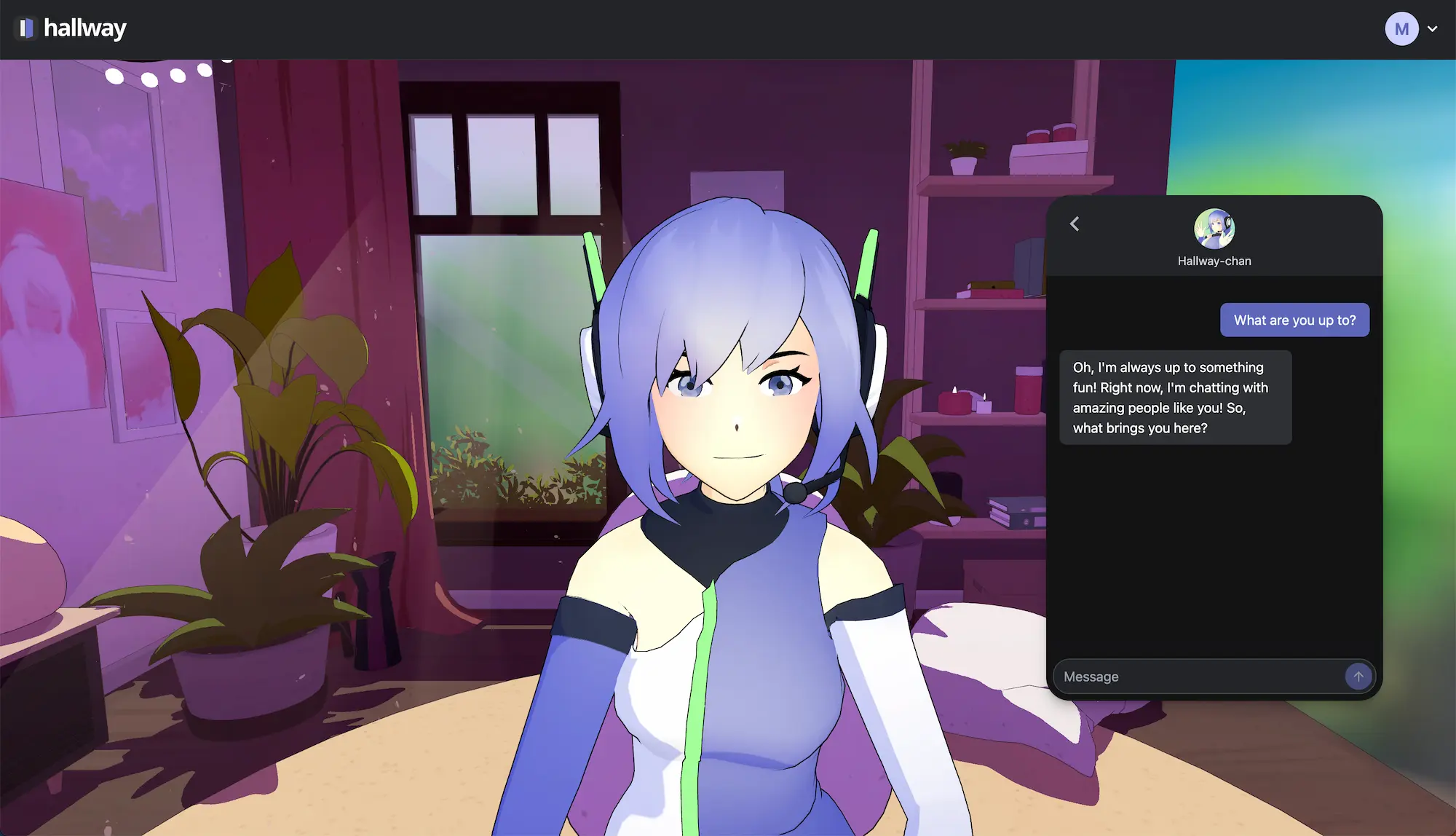 Portrait view of Hallway-chan, an anime style 3D avatar. A floating UI next to her contains an iMessage style chat interface.