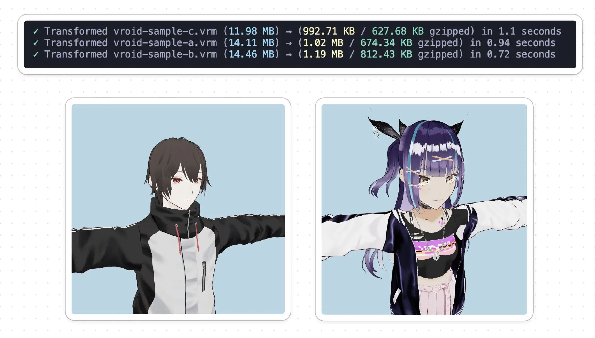 Top: terminal logs showing showing three VRoid VRM files that have shrunk from 15 MB to 1 MB. Bottom: two compressed VRoid characters in T-Pose. Compression artifacts are minimal.