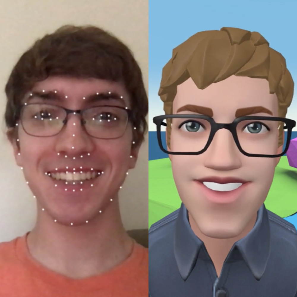 A person smiling with tracking dots overlaid, next to a similar 3D avatar making the same expression